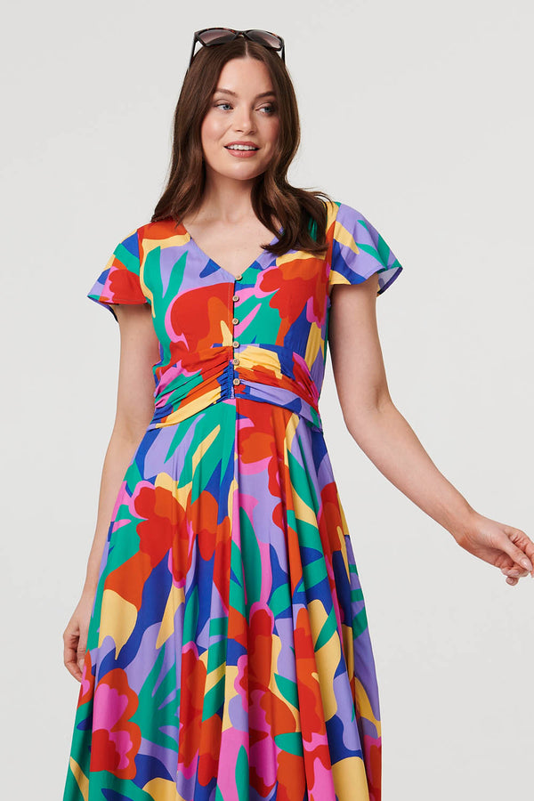 Blue | Abstract Floral Tie Ruched Maxi Dress