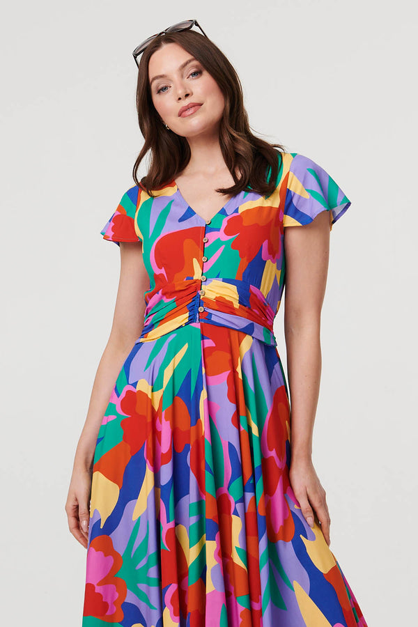 Blue | Abstract Floral Tie Ruched Maxi Dress