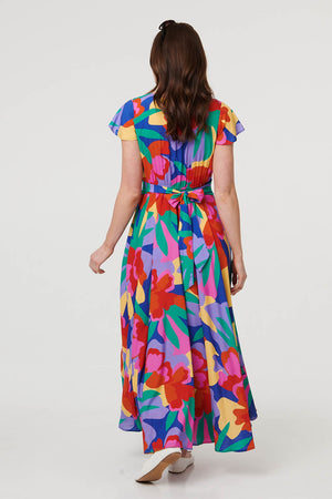 Blue | Abstract Floral Tie Ruched Maxi Dress