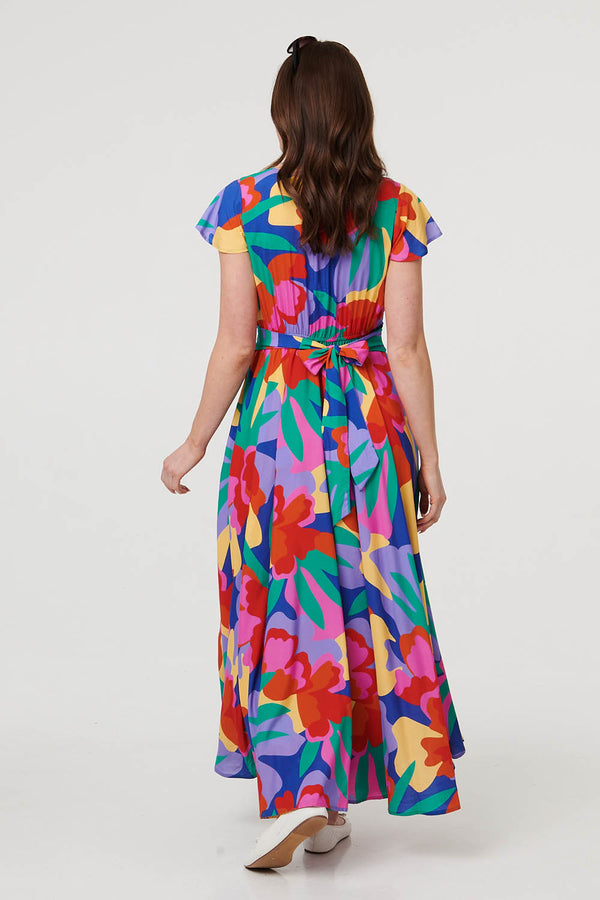 Blue | Abstract Floral Tie Ruched Maxi Dress