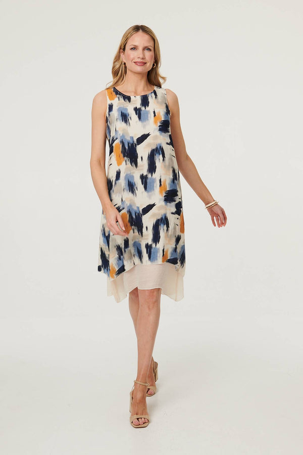 Blue | Brushstroke Print Knee Length Dress
