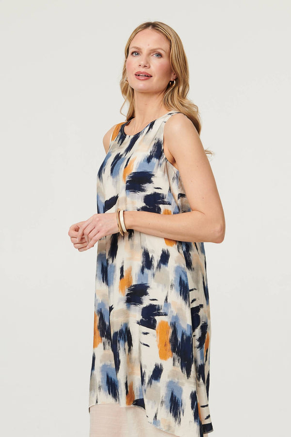 Blue | Brushstroke Print Knee Length Dress