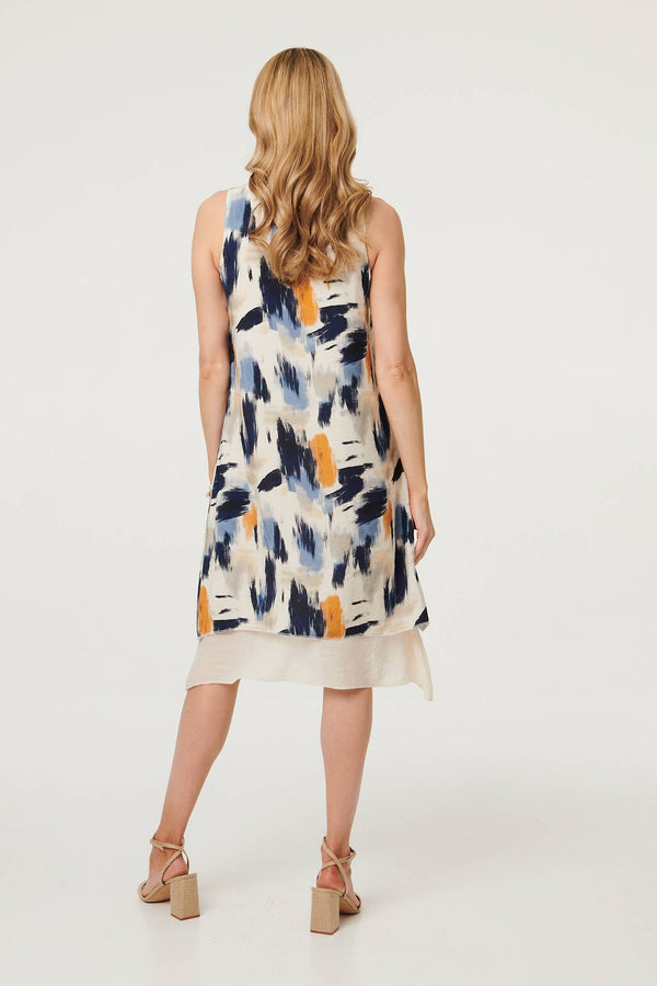 Blue | Brushstroke Print Knee Length Dress
