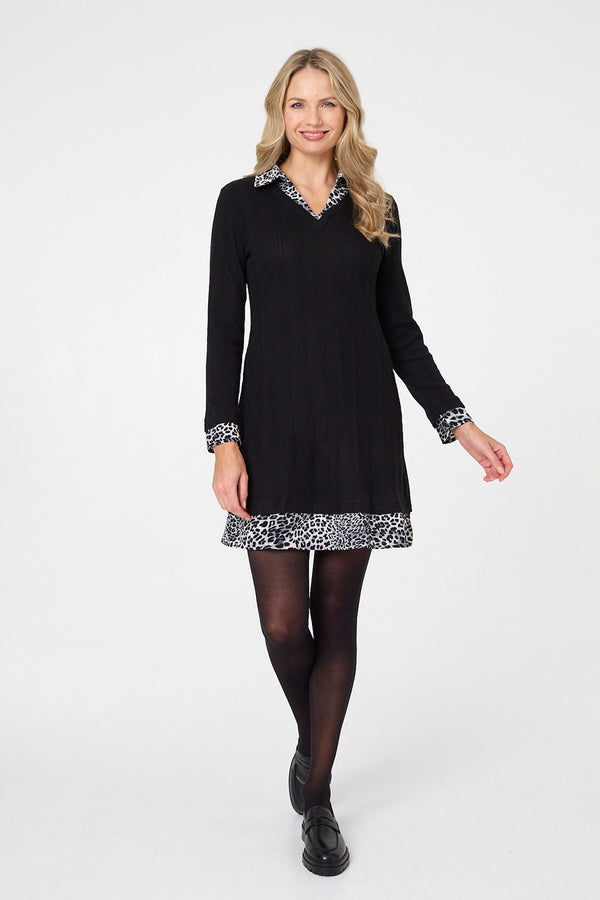 Black | Animal Print Layered Short Shirt Dress
