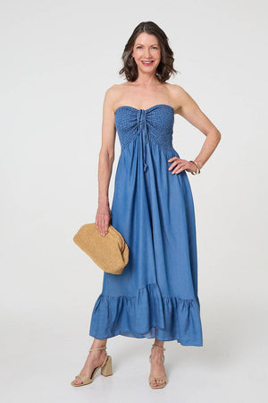 Blue | Strapless Shirred Frill Hem Maxi Dress
