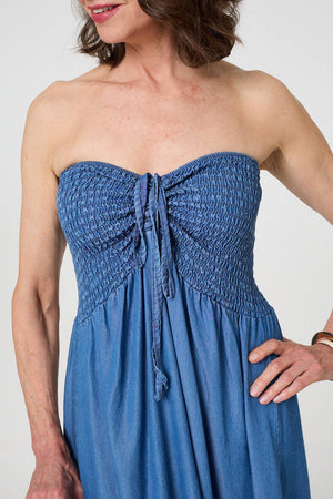 Blue | Strapless Shirred Frill Hem Maxi Dress
