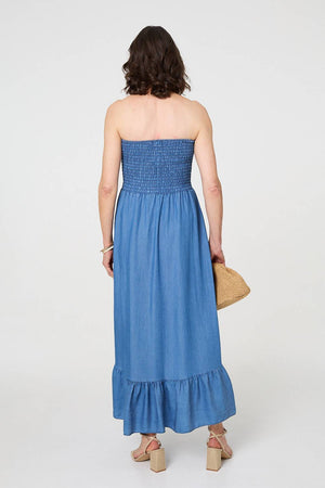 Blue | Strapless Shirred Frill Hem Maxi Dress
