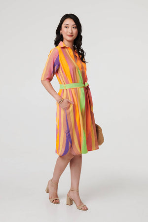 Green | Striped Knee Length Tie Waist Dress
