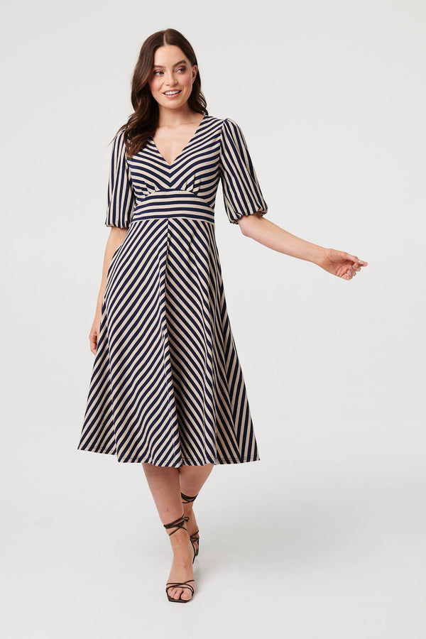 Navy | Striped 1/2 Puff Sleeve Midi Dress