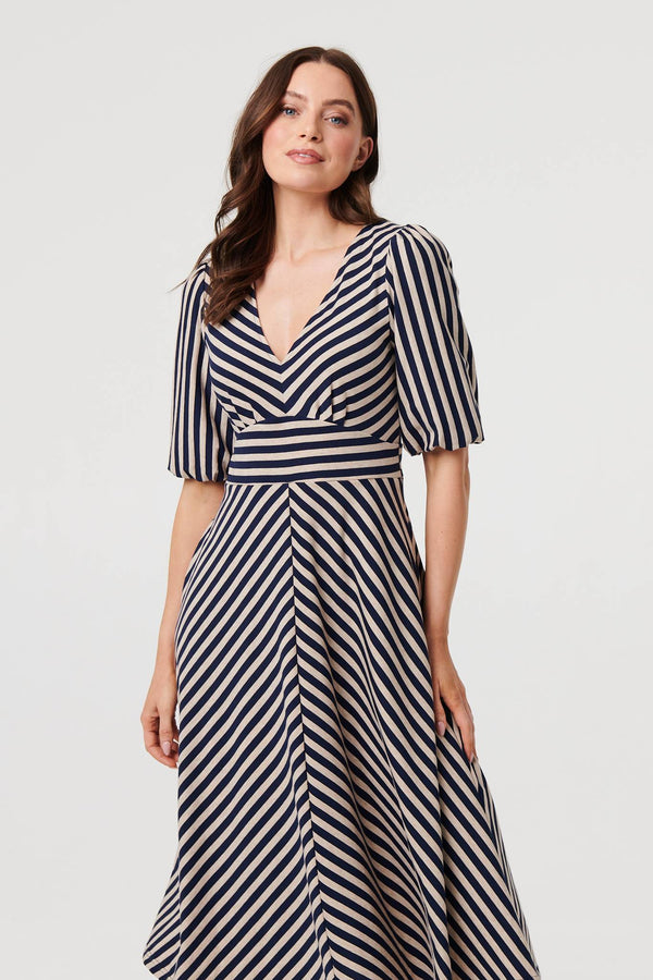 Navy | Striped 1/2 Puff Sleeve Midi Dress