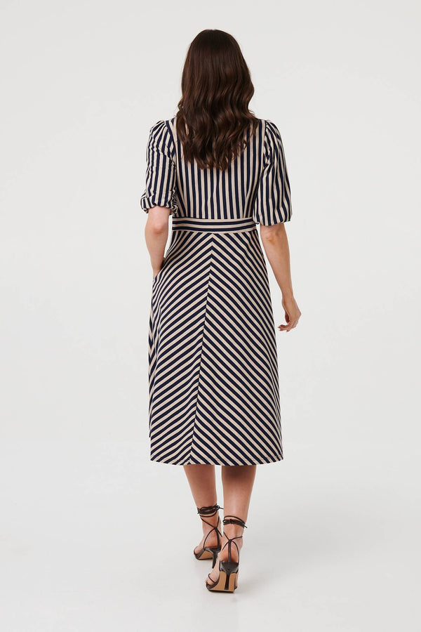 Navy | Striped 1/2 Puff Sleeve Midi Dress