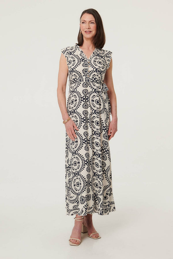 Cream | Printed Cap Sleeve Tie Waist Maxi Dress