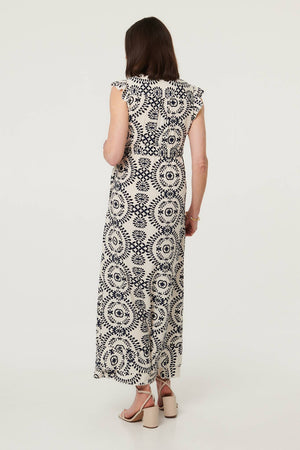 Cream | Printed Cap Sleeve Tie Waist Maxi Dress