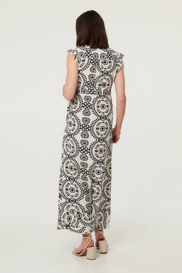 Cream | Printed Cap Sleeve Tie Waist Maxi Dress