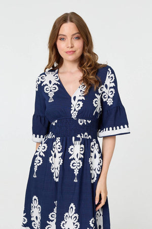 Navy | Ikat Print 1/2 Flared Sleeve Midi Dress