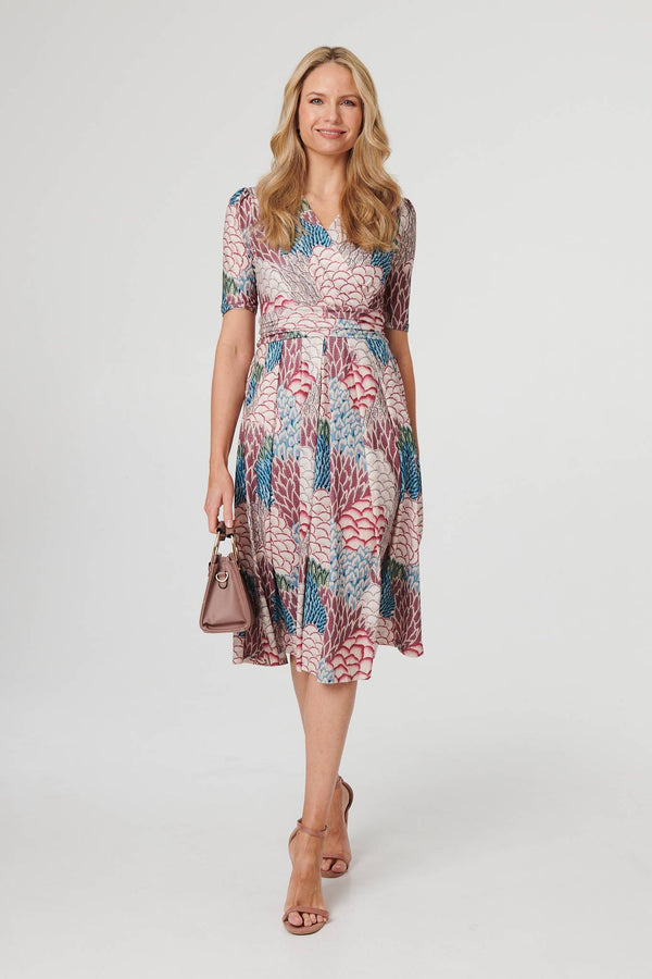 Beige | Printed 1/2 Sleeve Pleated Midi Dress