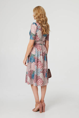 Beige | Printed 1/2 Sleeve Pleated Midi Dress