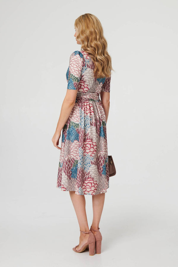 Beige | Printed 1/2 Sleeve Pleated Midi Dress