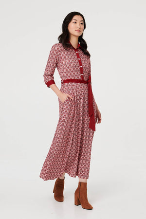 Pink | Printed 3/4 Sleeve Tie Waist Maxi Dress
