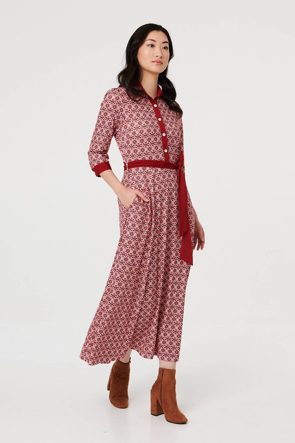 Pink | Printed 3/4 Sleeve Tie Waist Maxi Dress