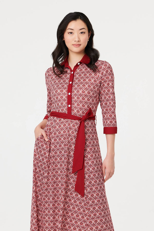 Pink | Printed 3/4 Sleeve Tie Waist Maxi Dress