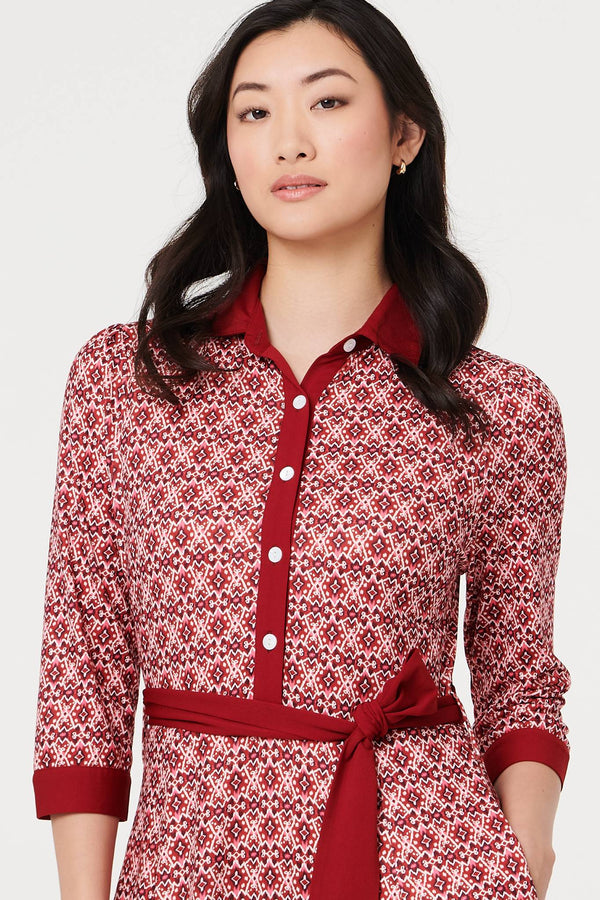Pink | Printed 3/4 Sleeve Tie Waist Maxi Dress