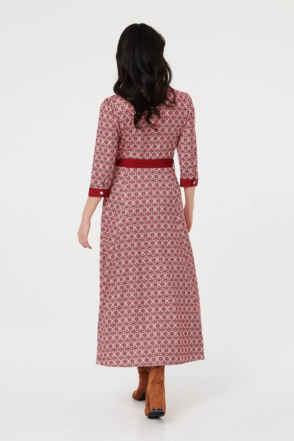 Pink | Printed 3/4 Sleeve Tie Waist Maxi Dress