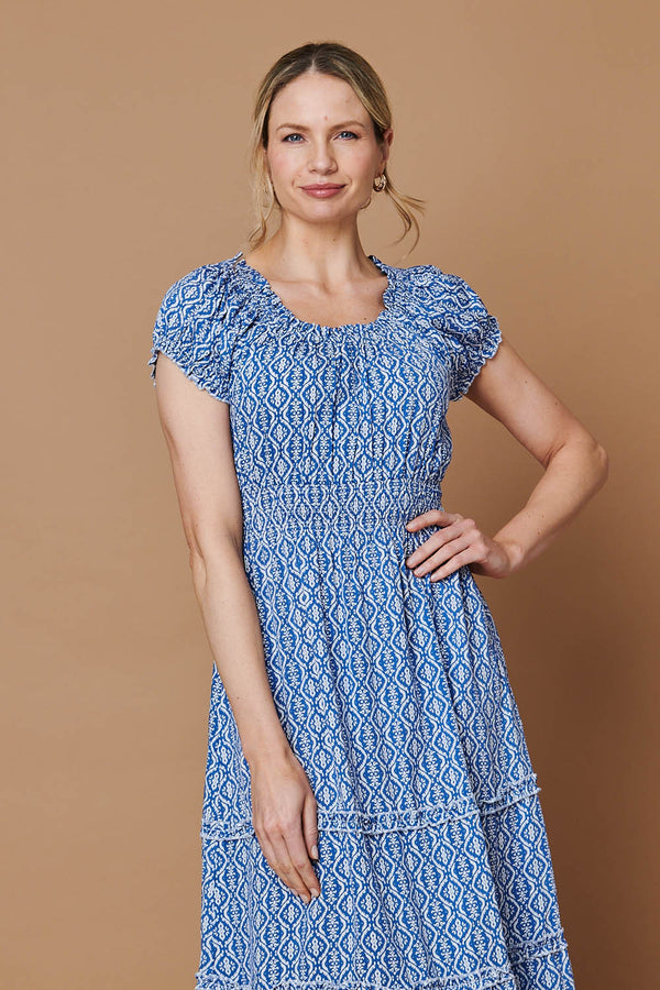 Blue | Printed Shirred Tiered Midi Dress