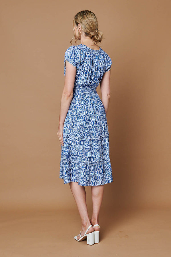 Blue | Printed Shirred Tiered Midi Dress