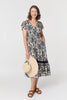 Navy | Printed Shirred Lace Midi Dress
