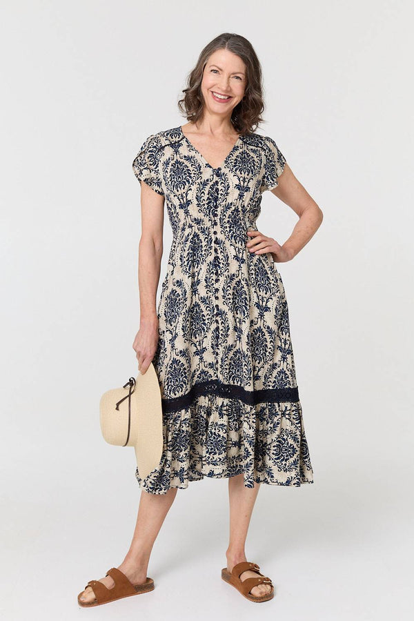 Navy | Printed Shirred Lace Midi Dress