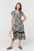 Navy | Printed Shirred Lace Midi Dress