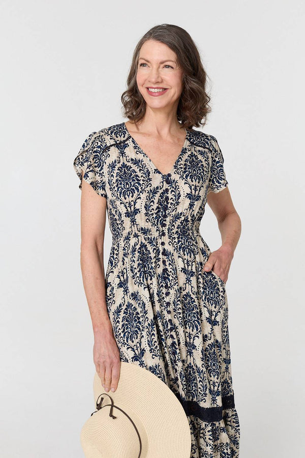 Navy | Printed Shirred Lace Midi Dress
