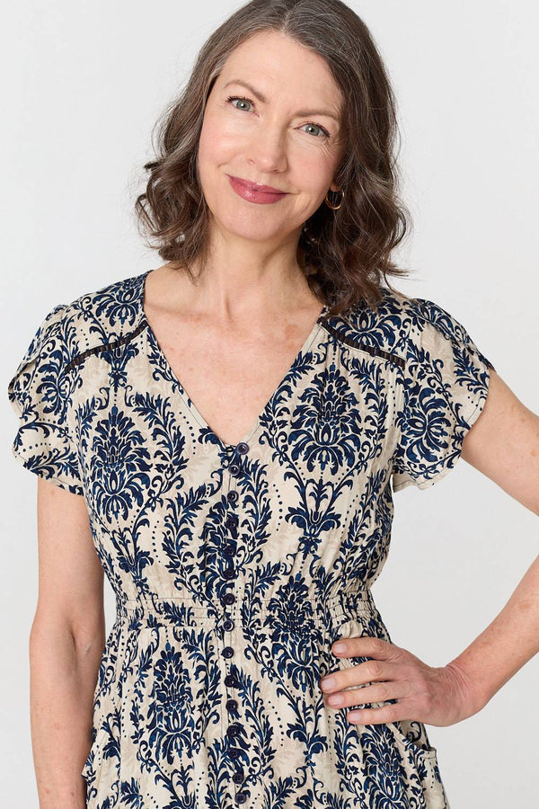 Navy | Printed Shirred Lace Midi Dress
