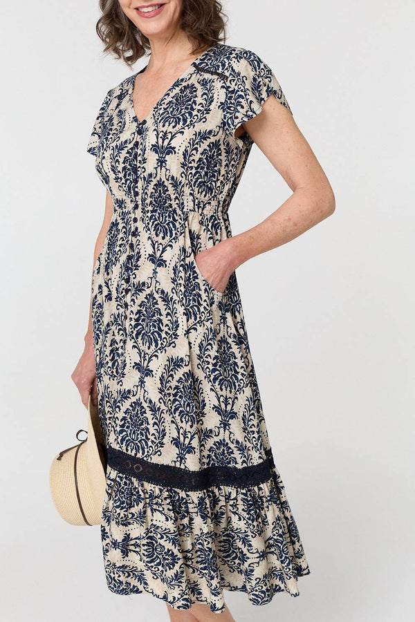 Navy | Printed Shirred Lace Midi Dress