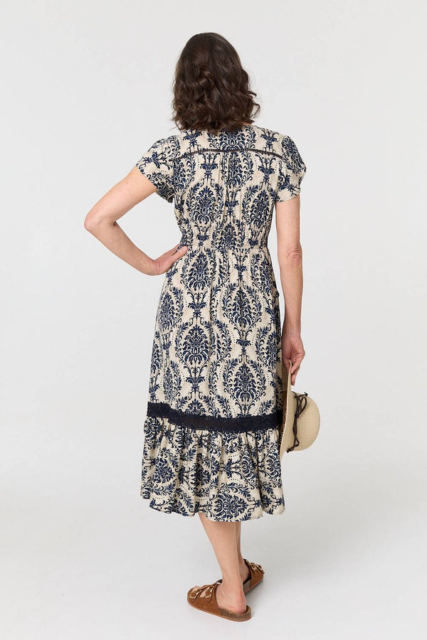 Navy | Printed Shirred Lace Midi Dress
