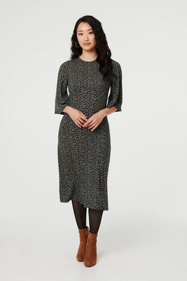 Navy | Ditsy Floral Angel Sleeve Midi Dress
