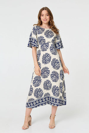 Navy | Floral Flared Sleeve Ruched Midi Dress