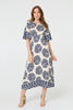 Navy | Floral Flared Sleeve Ruched Midi Dress
