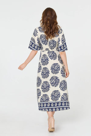 Navy | Floral Flared Sleeve Ruched Midi Dress