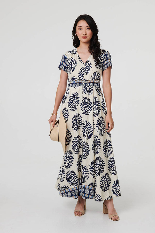 Navy | Printed Short Sleeve Shirred Maxi Dress