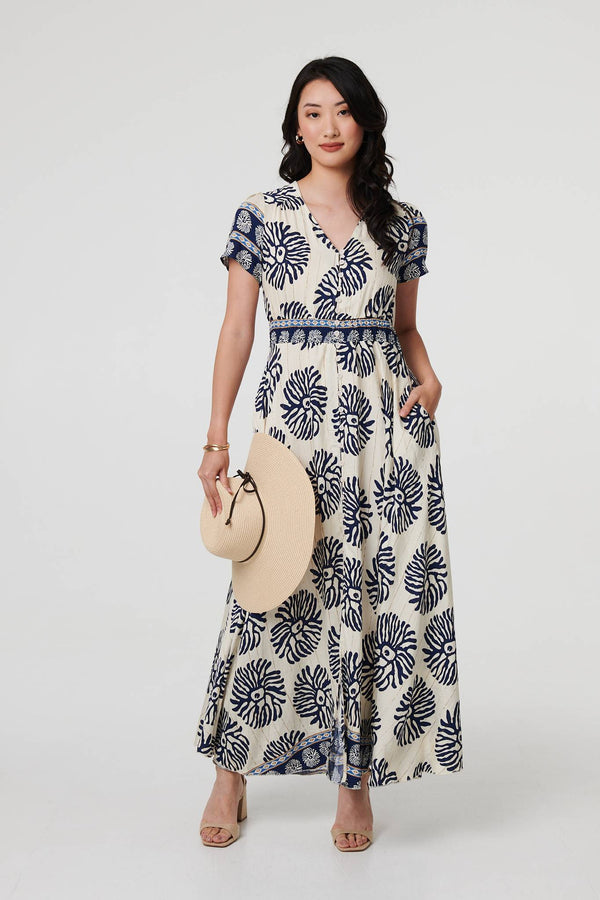 Navy | Printed Short Sleeve Shirred Maxi Dress
