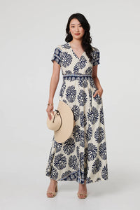 Navy | Printed Short Sleeve Shirred Maxi Dress