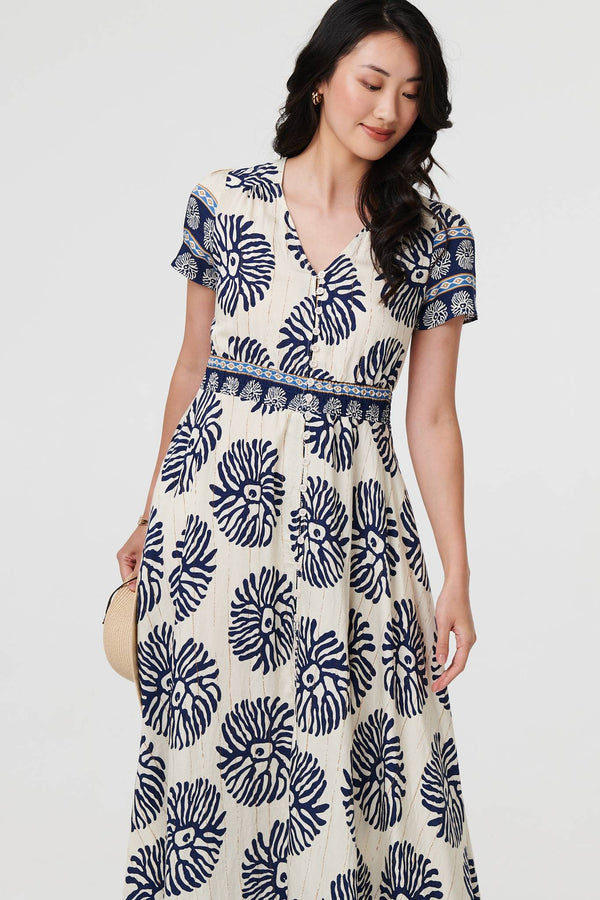 Navy | Printed Short Sleeve Shirred Maxi Dress