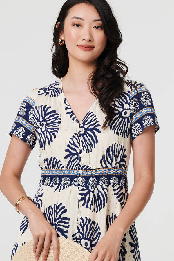 Navy | Printed Short Sleeve Shirred Maxi Dress