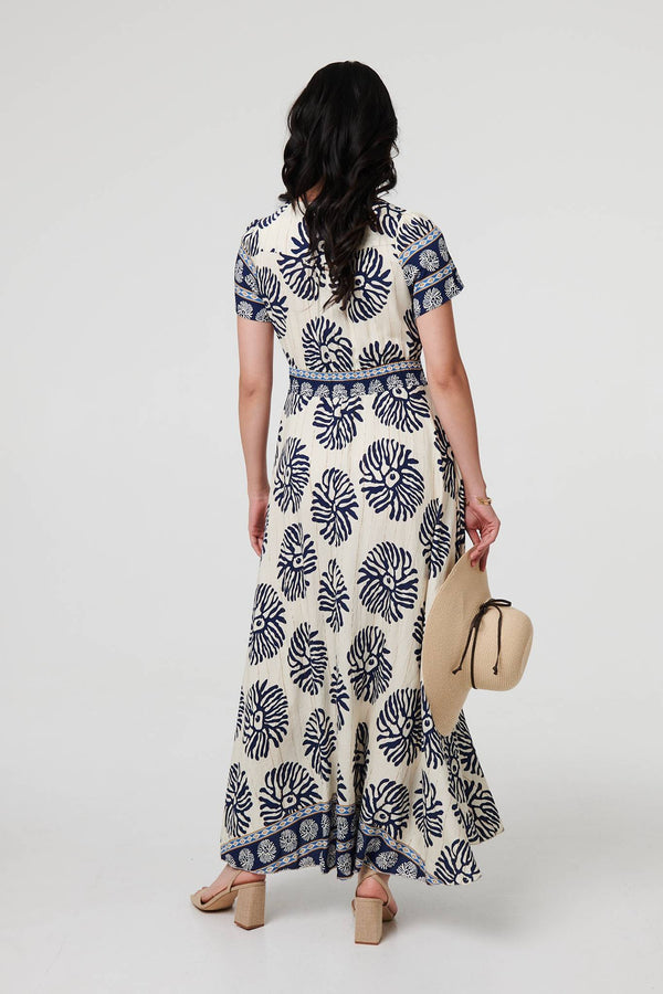 Navy | Printed Short Sleeve Shirred Maxi Dress