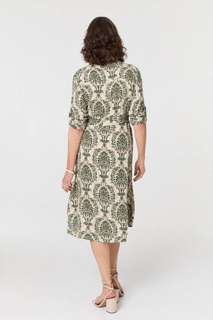 Green | Baroque Print Tie Waist Midi Shirt Dress
