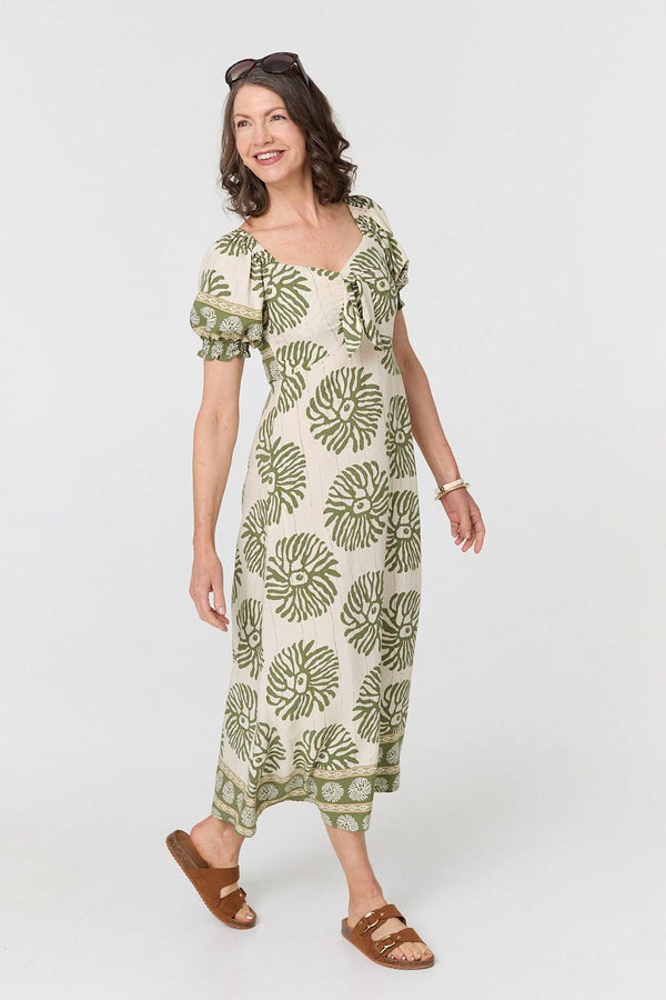 Khaki | Printed Tie Front A-Line Midi Dress
