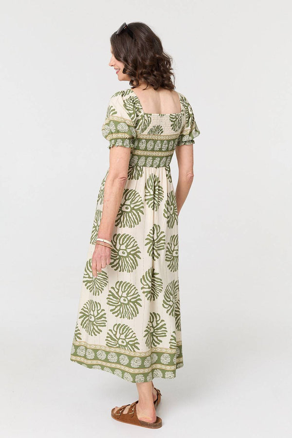 Khaki | Printed Tie Front A-Line Midi Dress
