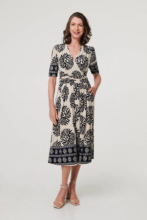Navy | Border Print Ruched V-Neck Midi Dress
